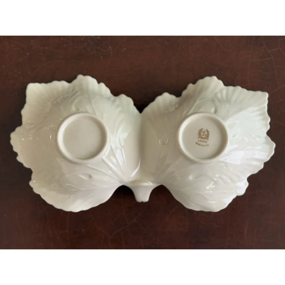 LENOX Double Leaf Ivory Gold Trim Ceramic Serving/Nut/Candy Dish Fall - USA Made